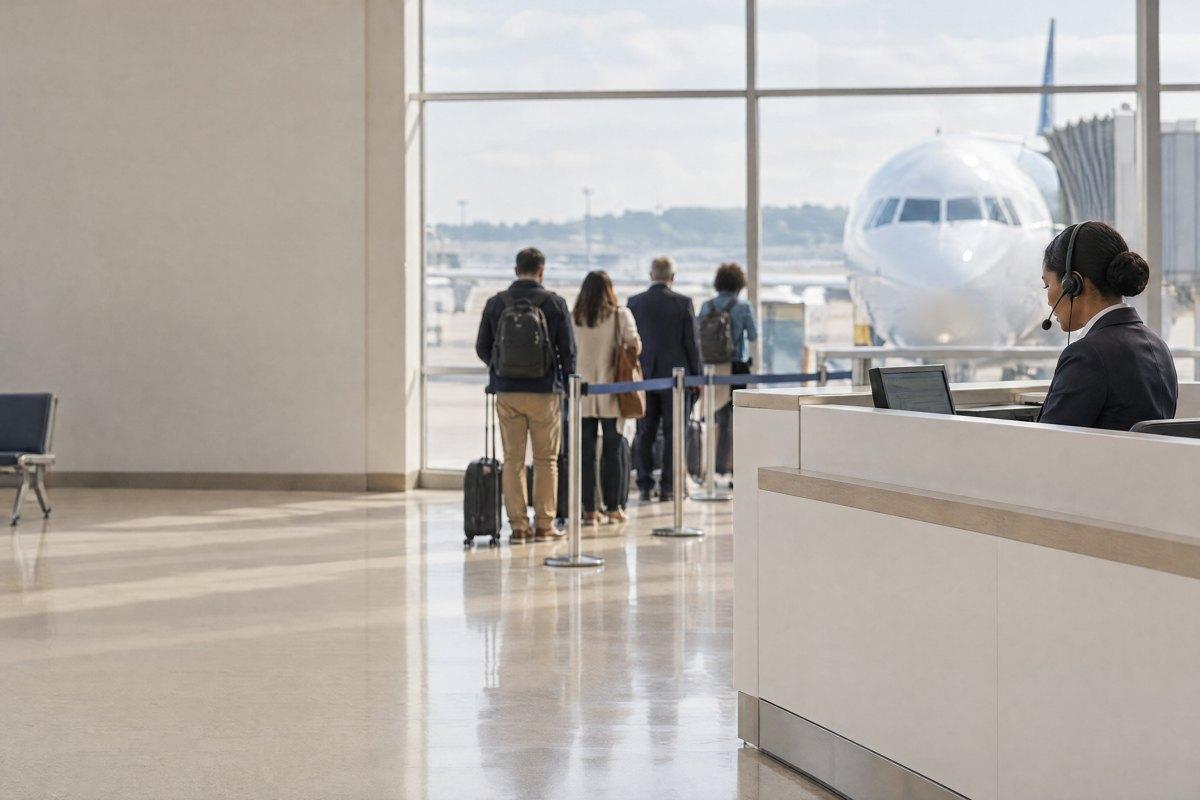 An airport service desk: an agent on a headset at the counter while travellers queue at the gate window, an aircraft outside.