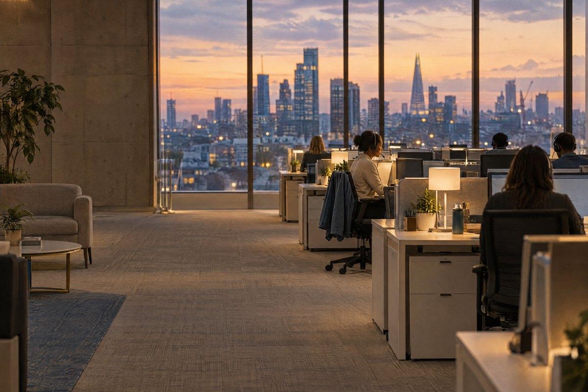 A bank’s contact centre at dusk: agents on headsets at white desks, the city skyline behind the glass.