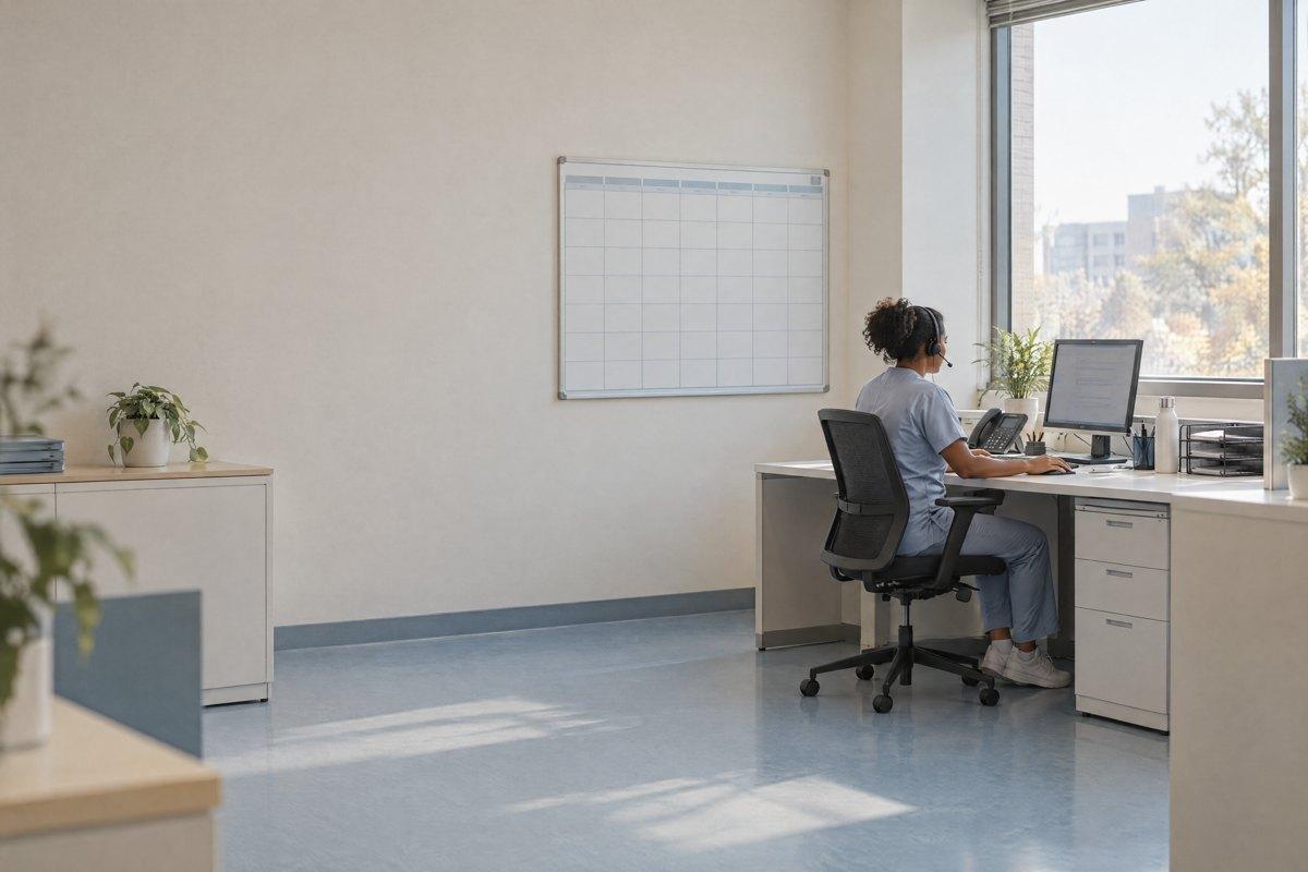 A scheduler in scrubs at a clinic desk, headset on, a wall planner behind her and afternoon light through the window.