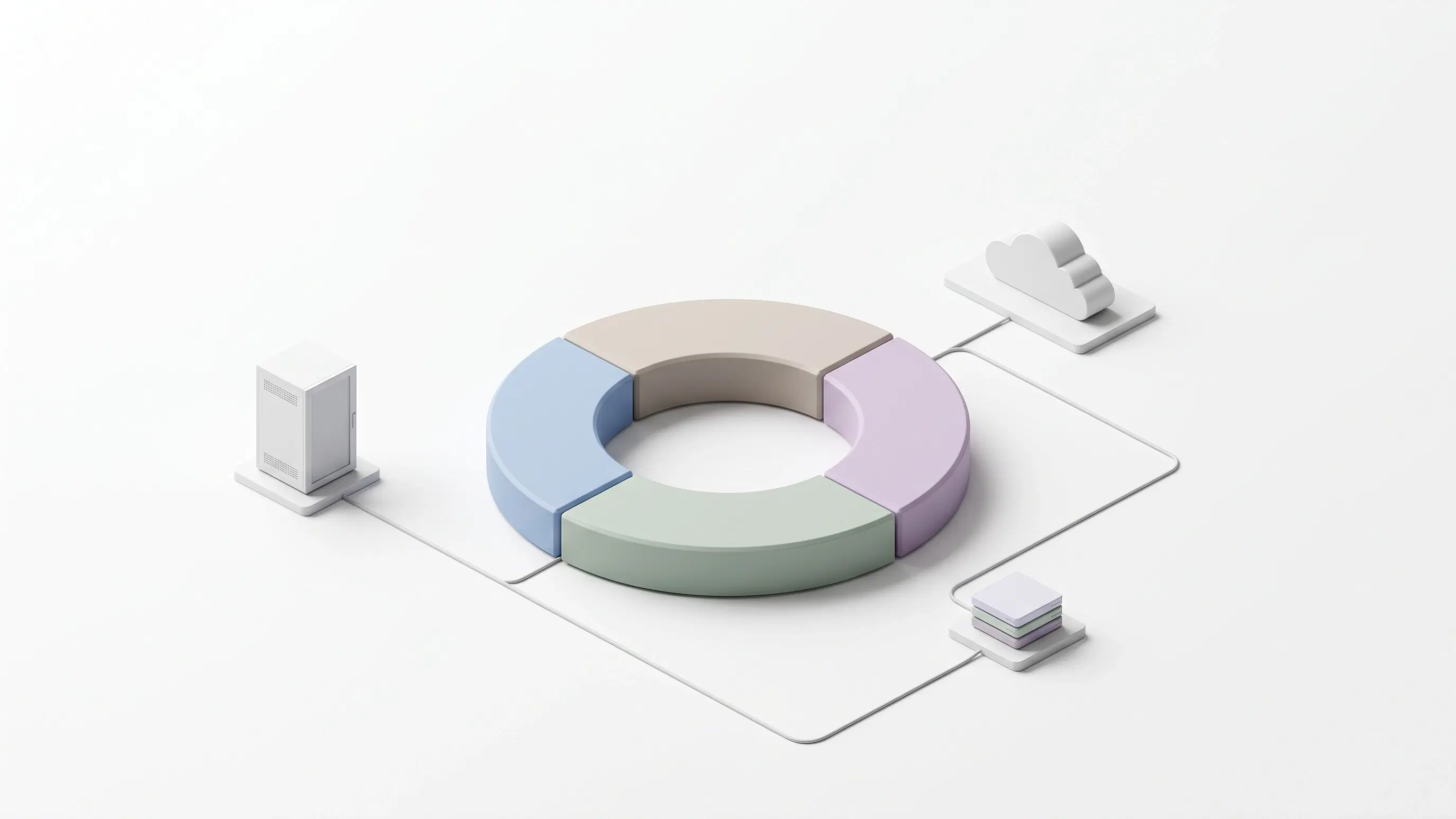 A four-segment pastel infrastructure ring connected by physical cables to an enclosure, a cloud and a server stack.