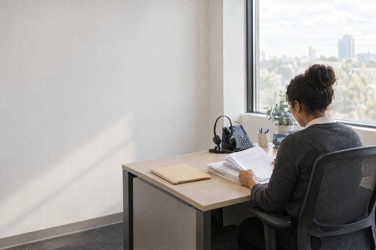 A claims handler at a desk by the window, reading a stack of forms beside a desk phone and headset.